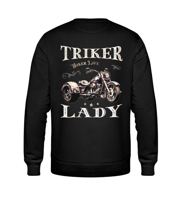 Ein Sweatshirt für Trike Fahrerinnen von Wingbikers mit dem Aufdruck, Triker Lady - Triker Life, im vintage Stil, als Back Print, in schwarz.