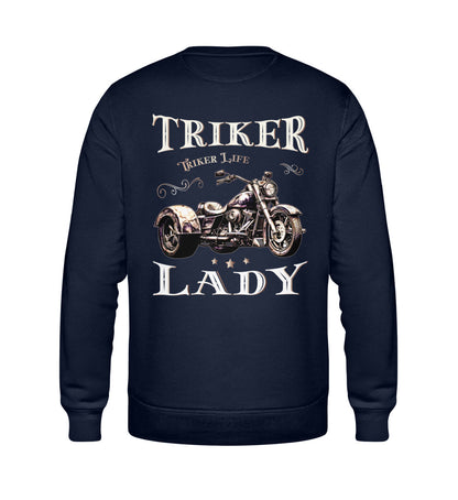 Ein Sweatshirt für Trike Fahrerinnen von Wingbikers mit dem Aufdruck, Triker Lady - Triker Life, im vintage Stil, als Back Print, in navy blau.