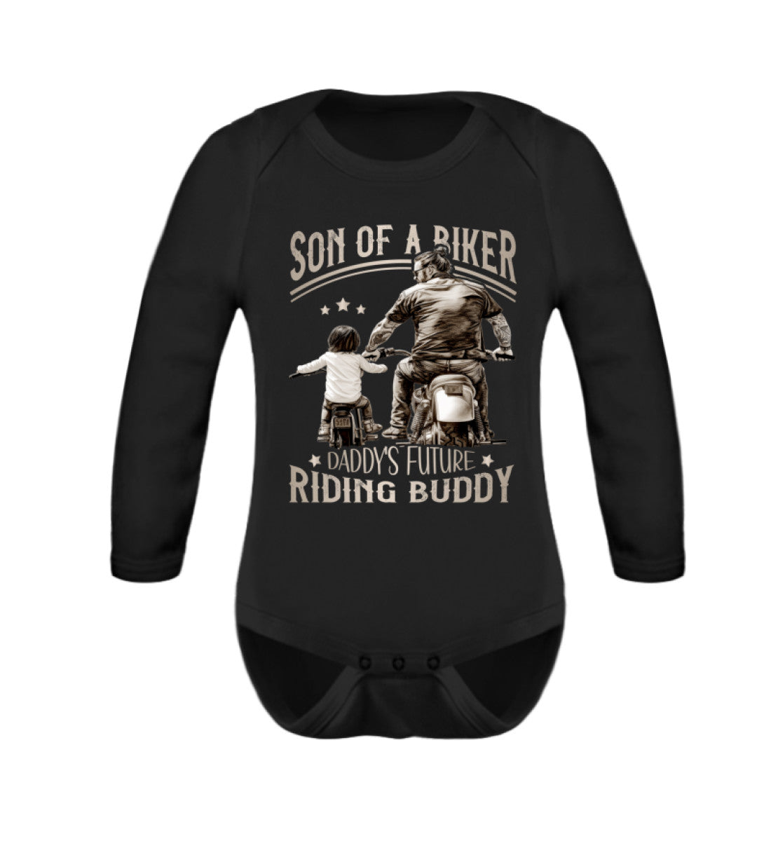 Ein Motorrad Babybody für Jungen von Wingbikers, mit dem Aufdruck, Son Of A Biker - Daddy Future Riding Buddy, in schwarz.