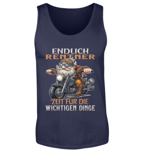 Ein Tanktop für Motorradfahrer von Wingbikers mit dem Aufdruck, Endlich Rente, Zeit für die wichtigen Dinge, in navy blau.