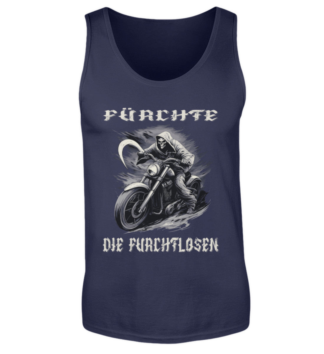 Ein Biker Tanktop für Motorradfahrer von Wingbikers mit dem Aufdruck, Fürchte die Furchtlosen, in navy blau.