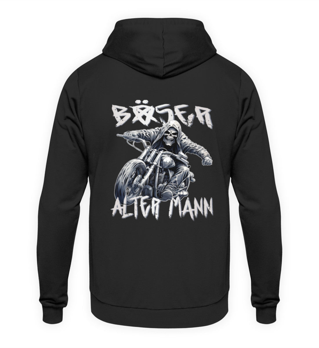 Ein Hoodie für Motorradfahrer von Wingbikers für Motorradfahrer mit dem Aufdruck, Böser alter Mann - mit Back Print, in schwarz.