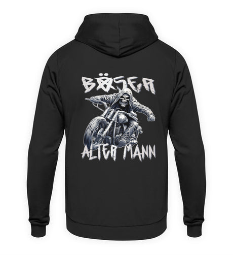 Ein Hoodie für Motorradfahrer von Wingbikers für Motorradfahrer mit dem Aufdruck, Böser alter Mann - mit Back Print, in schwarz.