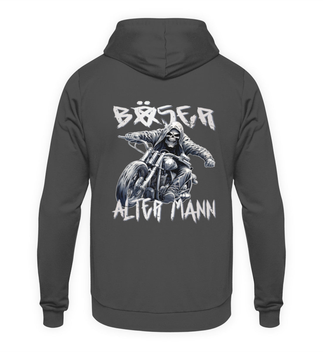 Ein Hoodie für Motorradfahrer von Wingbikers für Motorradfahrer mit dem Aufdruck, Böser alter Mann - mit Back Print, in dunkelgrau.