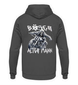 Ein Hoodie für Motorradfahrer von Wingbikers für Motorradfahrer mit dem Aufdruck, Böser alter Mann - mit Back Print, in dunkelgrau.