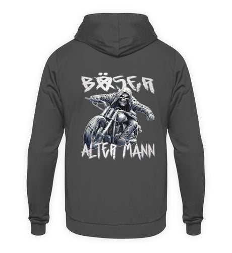 Ein Hoodie für Motorradfahrer von Wingbikers für Motorradfahrer mit dem Aufdruck, Böser alter Mann - mit Back Print, in dunkelgrau.