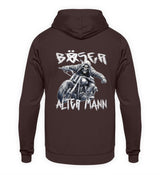 Ein Hoodie für Motorradfahrer von Wingbikers für Motorradfahrer mit dem Aufdruck, Böser alter Mann - mit Back Print, in braun.