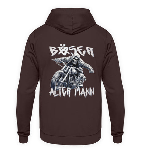 Ein Hoodie für Motorradfahrer von Wingbikers für Motorradfahrer mit dem Aufdruck, Böser alter Mann - mit Back Print, in braun.