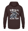 Ein Hoodie für Motorradfahrer von Wingbikers für Motorradfahrer mit dem Aufdruck, Böser alter Mann - mit Back Print, in braun.