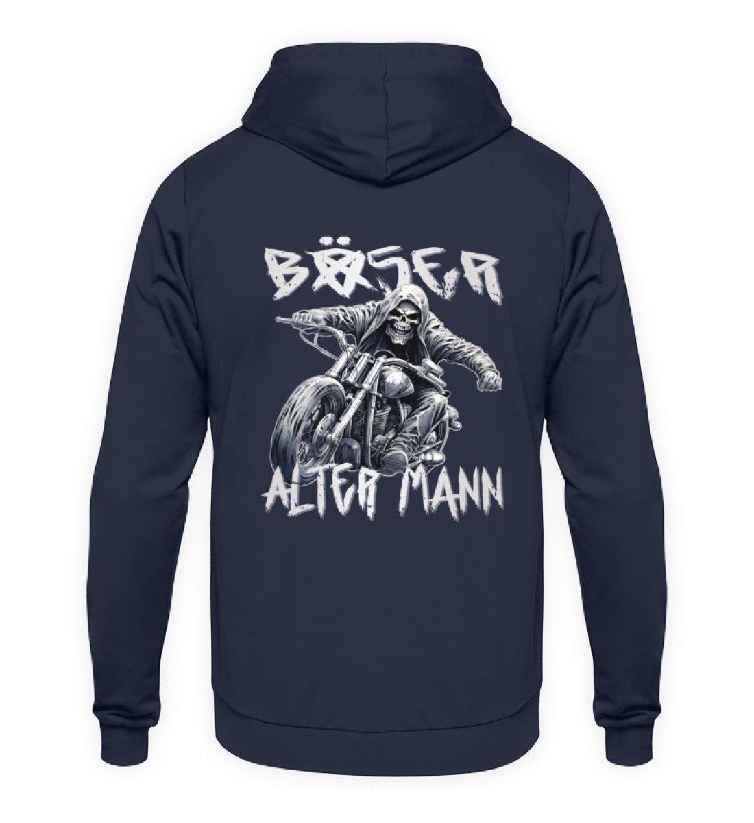 Ein Hoodie für Motorradfahrer von Wingbikers für Motorradfahrer mit dem Aufdruck, Böser alter Mann - mit Back Print, in navy blau.