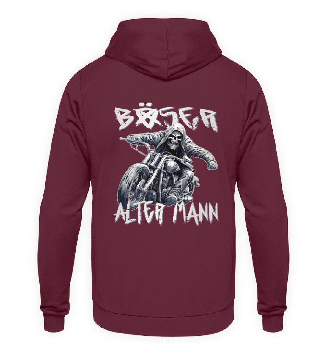 Ein Hoodie für Motorradfahrer von Wingbikers für Motorradfahrer mit dem Aufdruck, Böser alter Mann - mit Back Print, in burgunder weinrot.