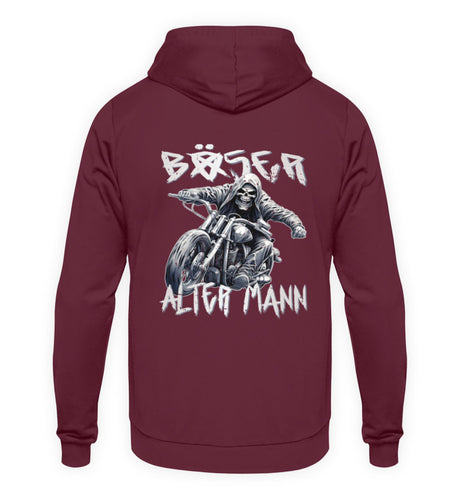 Ein Hoodie für Motorradfahrer von Wingbikers für Motorradfahrer mit dem Aufdruck, Böser alter Mann - mit Back Print, in burgunder weinrot.