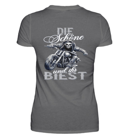 Ein Bikerin T-Shirt für Motorradfahrerinnen von Wingbikers mit dem Aufdruck, Die Schöne und ihr Biest - mit Back Print, in dunkelgrau.