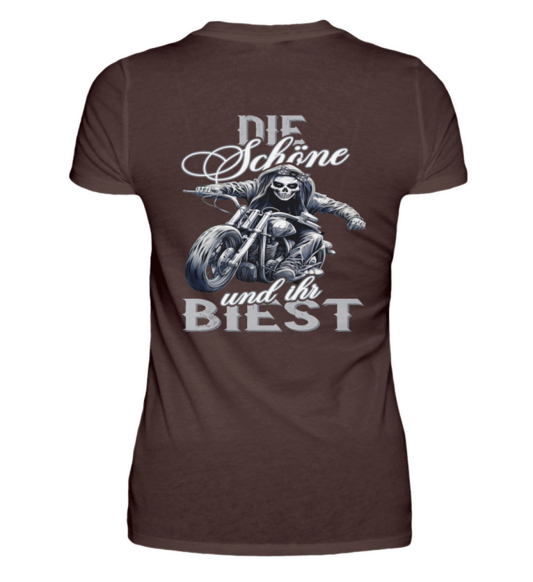 Ein Bikerin T-Shirt für Motorradfahrerinnen von Wingbikers mit dem Aufdruck, Die Schöne und ihr Biest - mit Back Print, in braun.