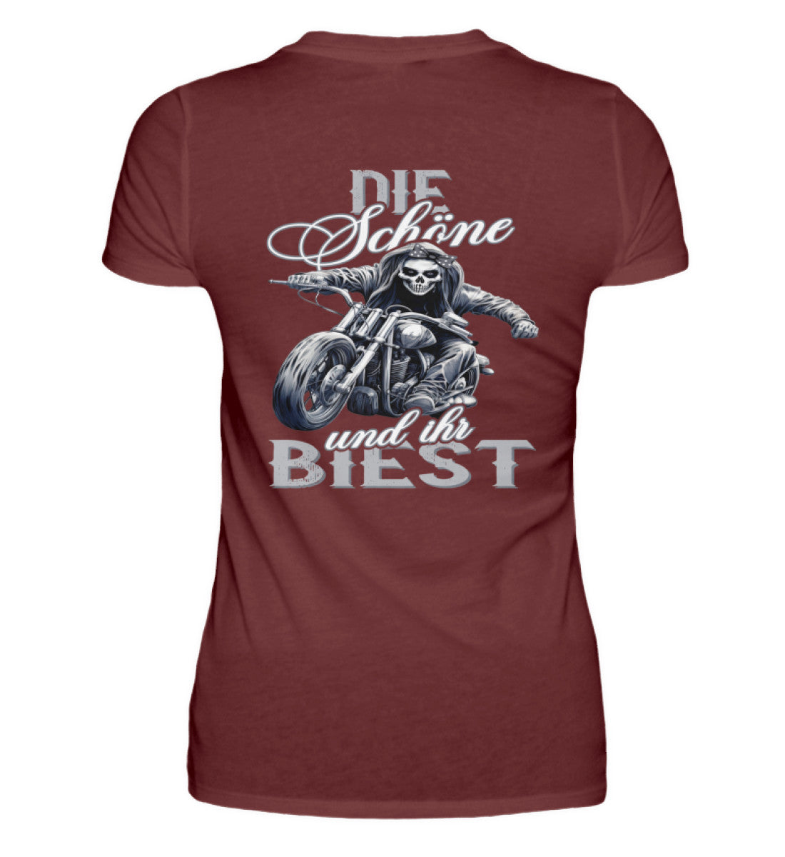 Ein Bikerin T-Shirt für Motorradfahrerinnen von Wingbikers mit dem Aufdruck, Die Schöne und ihr Biest - mit Back Print, in weinrot.