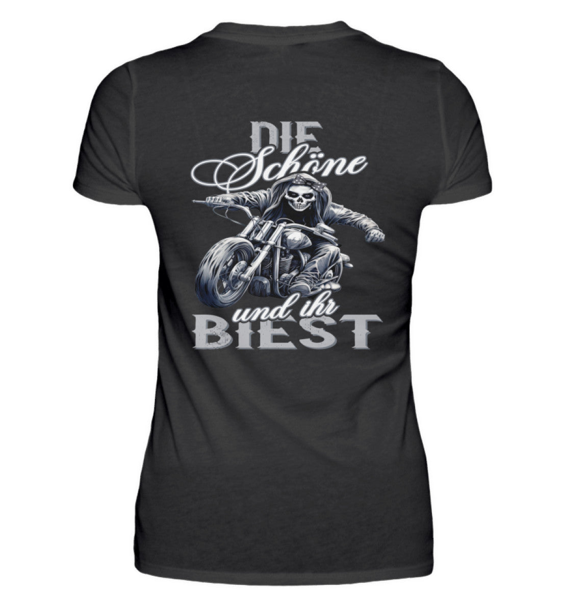 Ein Bikerin T-Shirt für Motorradfahrerinnen von Wingbikers mit dem Aufdruck, Die Schöne und ihr Biest - mit Back Print, in schwarz.