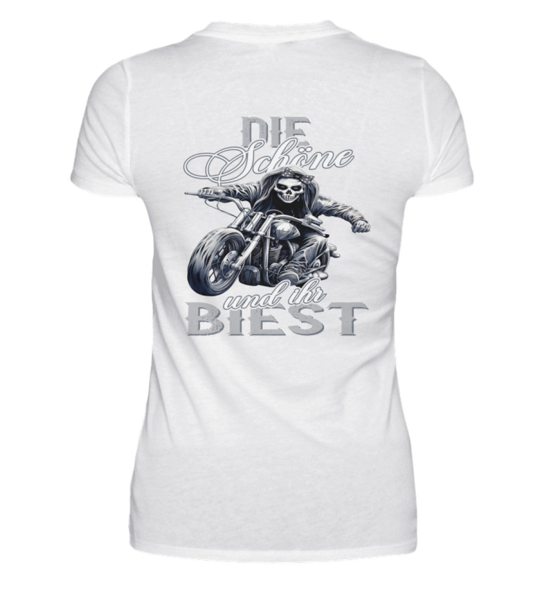 Ein Bikerin T-Shirt für Motorradfahrerinnen von Wingbikers mit dem Aufdruck, Die Schöne und ihr Biest - mit Back Print, in weiß.