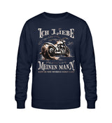 Ein Sweatshirt für Motorradfahrerinnen von Wingbikers mit dem Aufdruck, Ich liebe meinen Mann, wenn er mich Motorrad fahren lässt! - in navy blau.