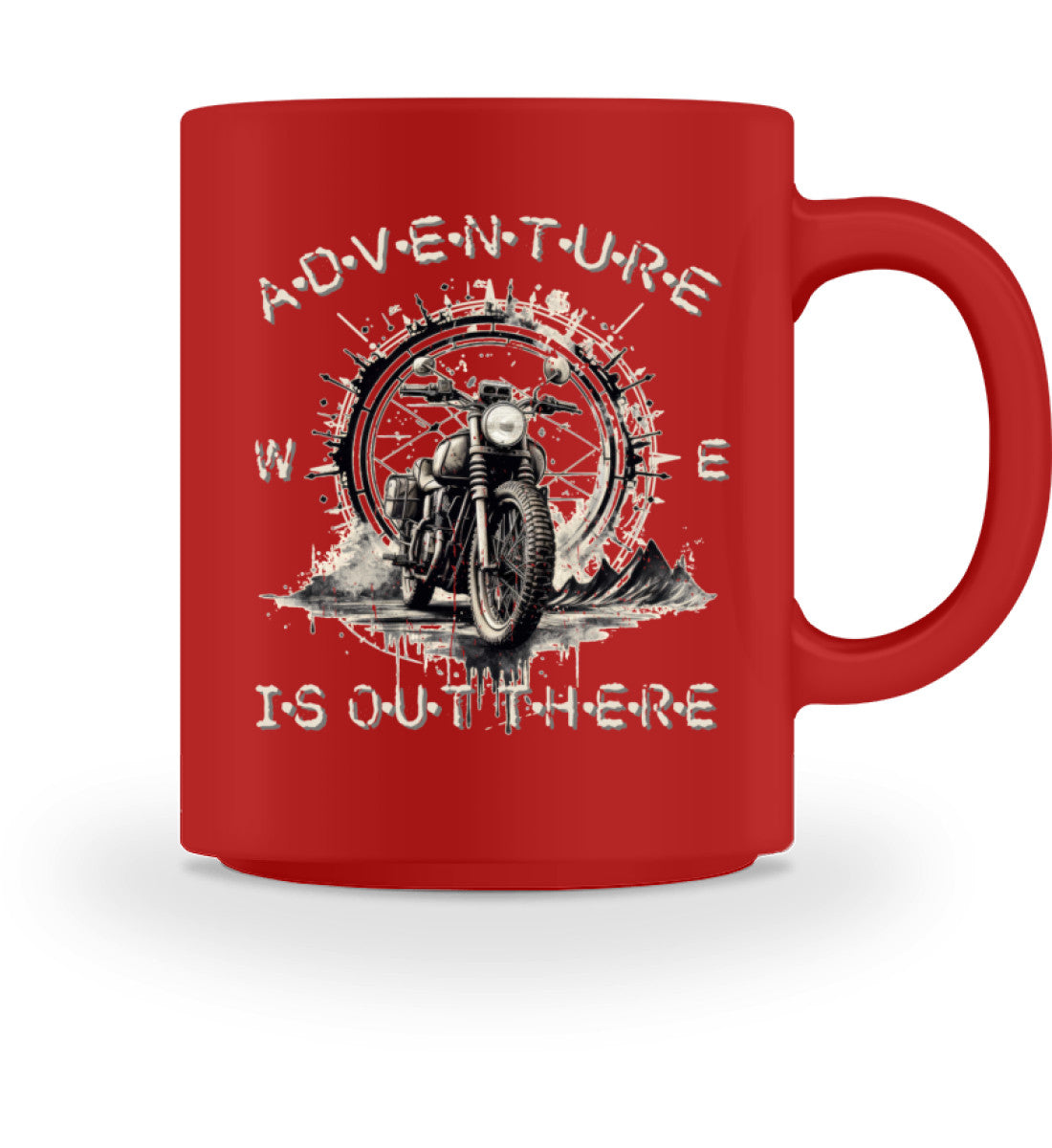 Eine Tasse für Motorradfahrer von Wingbikers, mit dem beidseitigen Aufdruck, Adventure Is Out There, in rot.