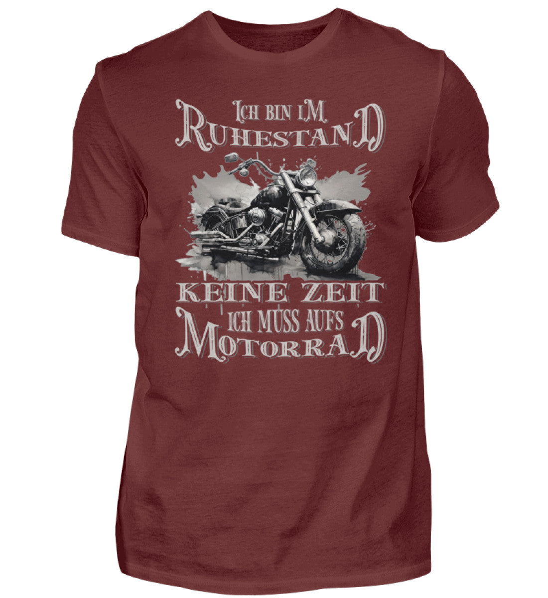 Ein Biker T-Shirt für Motorradfahrer von Wingbikers mit dem Aufdruck, Ich bin im Ruhestand - Keine Zeit - Ich muss aufs Motorrad, in weinrot.