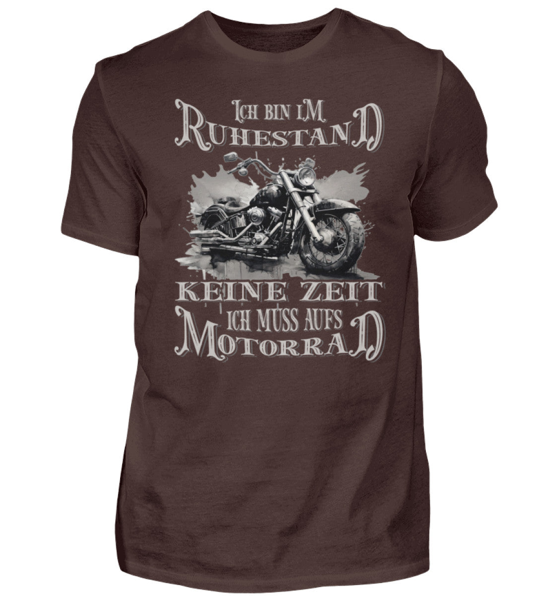 Ein Biker T-Shirt für Motorradfahrer von Wingbikers mit dem Aufdruck, Ich bin im Ruhestand - Keine Zeit - Ich muss aufs Motorrad, in braun.