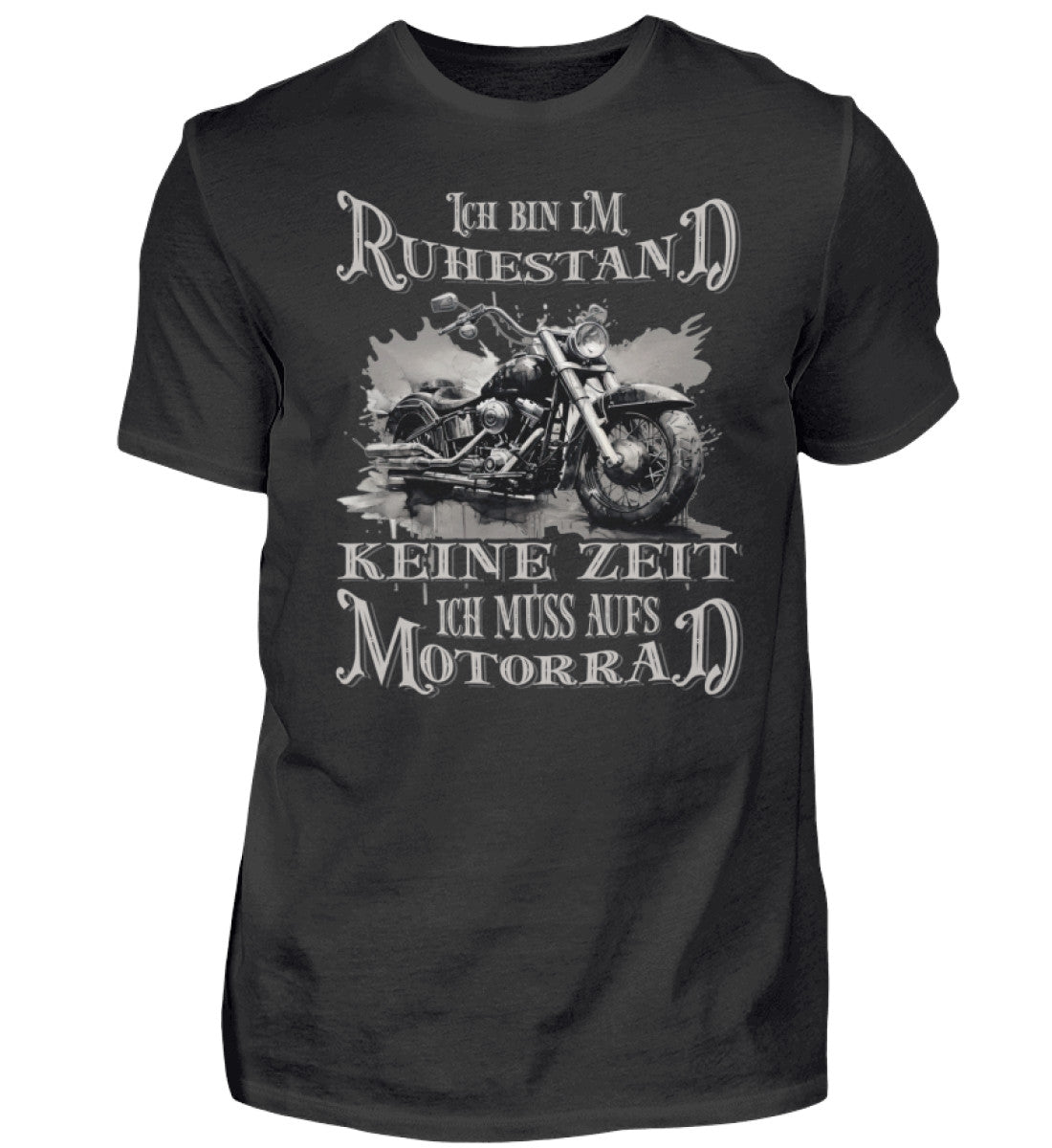 Ein Biker T-Shirt für Motorradfahrer von Wingbikers mit dem Aufdruck, Ich bin im Ruhestand - Keine Zeit - Ich muss aufs Motorrad, in schwarz.