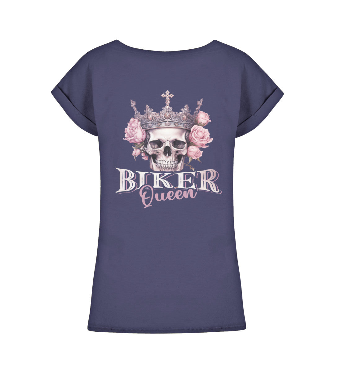 Ein Bikerin T-Shirt für Motorradfahrerinnen von Wingbikers mit dem Aufdruck, Biker Queen - mit Back Print, leger geschnitten, in navy blau.