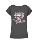 Ein Bikerin T-Shirt für Motorradfahrerinnen von Wingbikers mit dem Aufdruck, Biker Queen - mit Back Print, leger geschnitten, in schwarz.