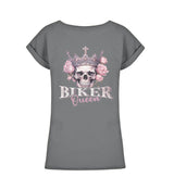 Ein Bikerin T-Shirt für Motorradfahrerinnen von Wingbikers mit dem Aufdruck, Biker Queen - mit Back Print, leger geschnitten, in dunkelgrau.