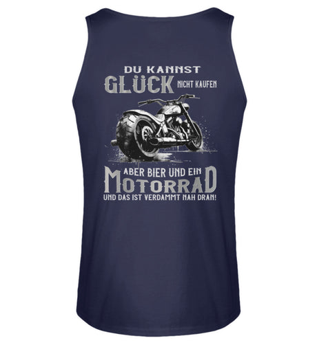 Ein Biker Tanktop für Motorradfahrer von Wingbikers mit dem Aufdruck, Du kannst Glück nicht kaufen, aber Bier und ein Motorrad und das ist verdammt nah dran! - mit Back Print, in navy blau.