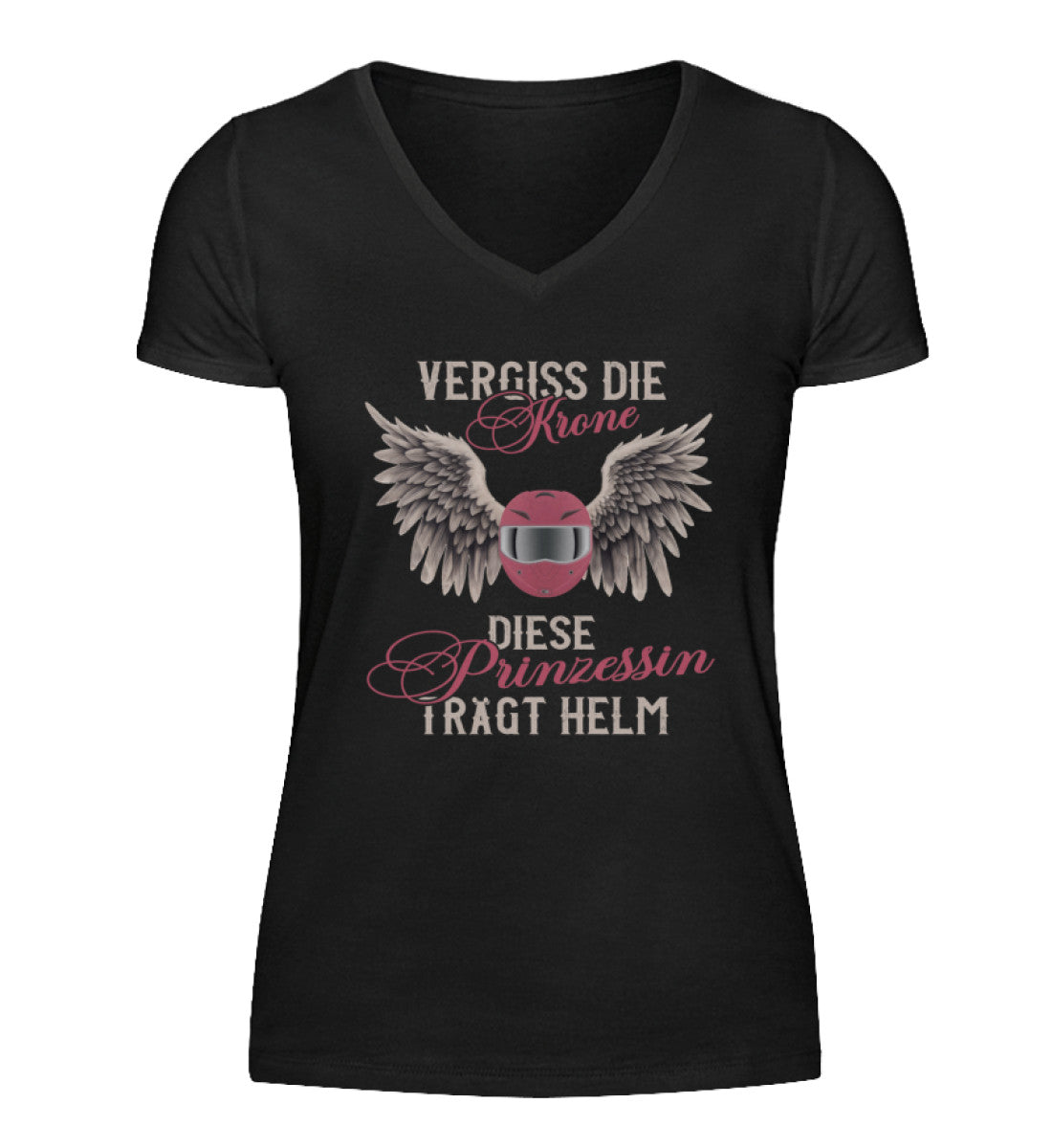 Ein T-Shirt mit V-Ausschnitt für Motorradfahrerinnen von Wingbikers mit dem Aufdruck, Vergiss die Krone - Diese Prinzessin trägt Helm, in schwarz.