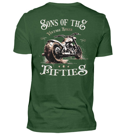 Ein T-Shirt für Motorradfahrer von Wingbikers mit dem Aufdruck, Sons of the Fifties - Vintage Biker, in dunkelgrün.