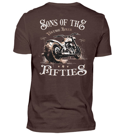 Ein T-Shirt für Motorradfahrer von Wingbikers mit dem Aufdruck, Sons of the Fifties - Vintage Biker, in braun.