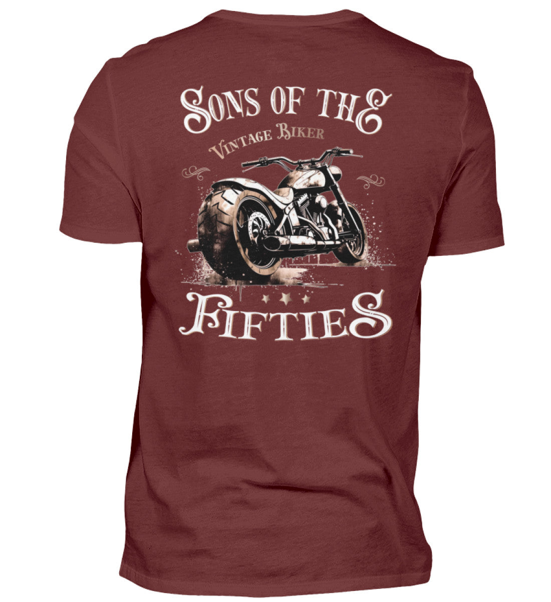 Ein T-Shirt für Motorradfahrer von Wingbikers mit dem Aufdruck, Sons of the Fifties - Vintage Biker, in weinrot.