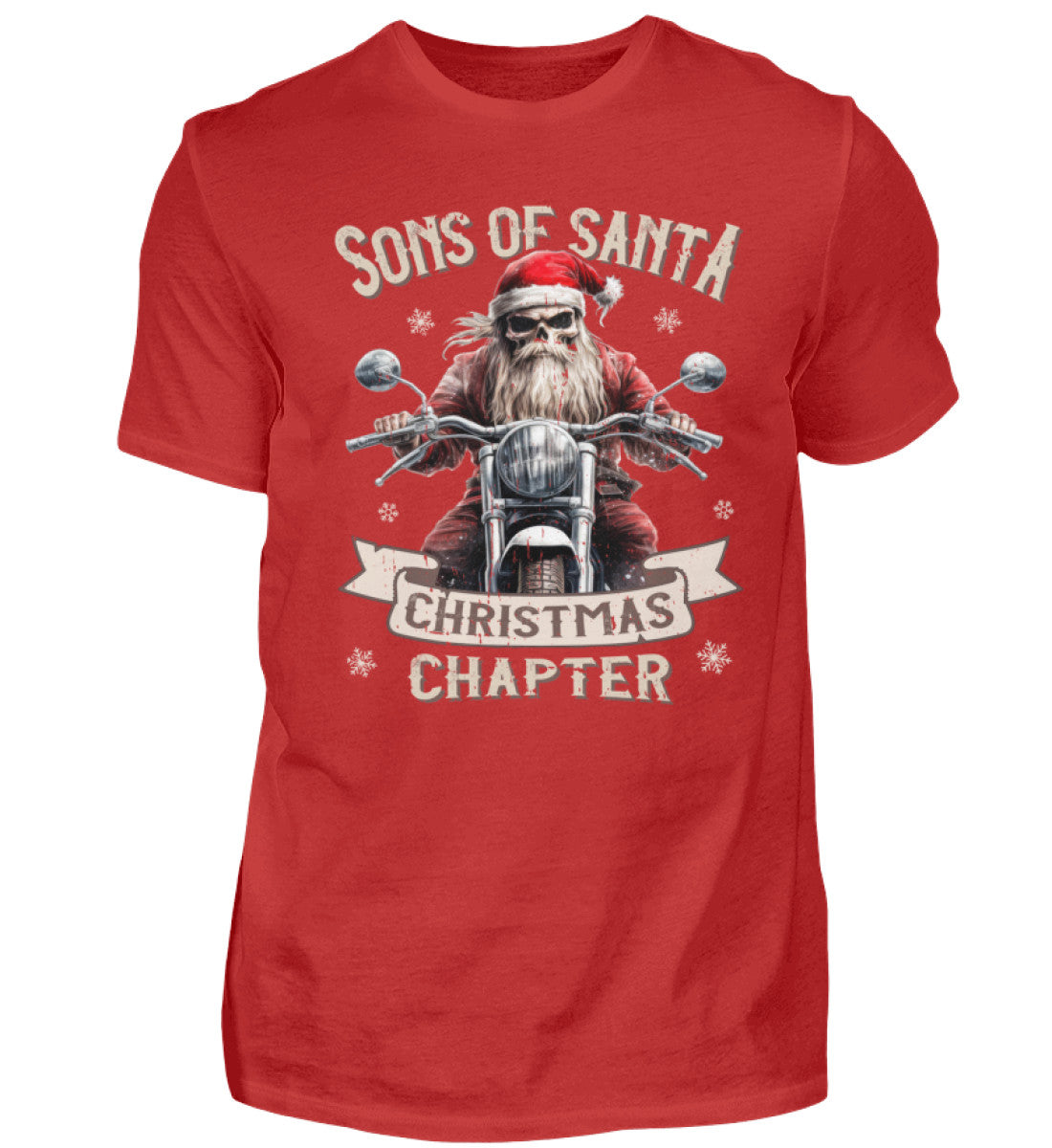 Ein weihnachtliches T-Shirt für Motorradfahrer von Wingbikers mit dem Aufdruck, Sons of Santa - Christmas Chapter, in rot.