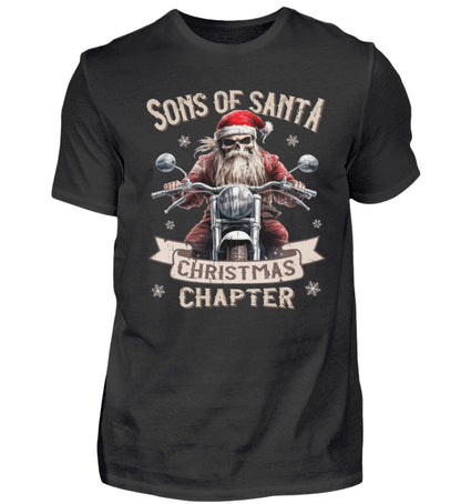 Ein weihnachtliches T-Shirt für Motorradfahrer von Wingbikers mit dem Aufdruck, Sons of Santa - Christmas Chapter, in schwarz.