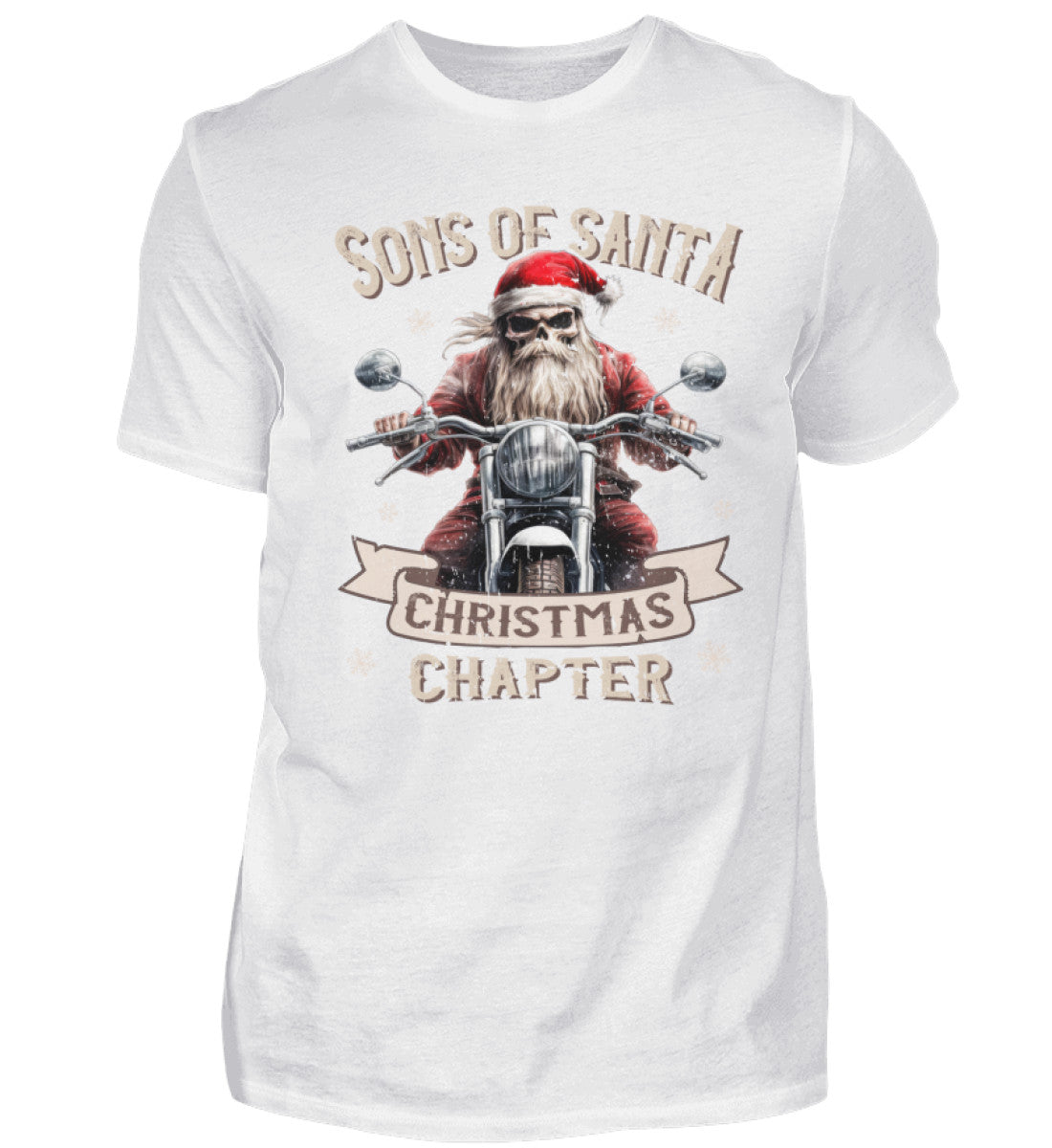 Ein weihnachtliches T-Shirt für Motorradfahrer von Wingbikers mit dem Aufdruck, Sons of Santa - Christmas Chapter, in weiß.