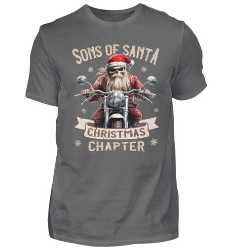 Ein weihnachtliches T-Shirt für Motorradfahrer von Wingbikers mit dem Aufdruck, Sons of Santa - Christmas Chapter, in grau.