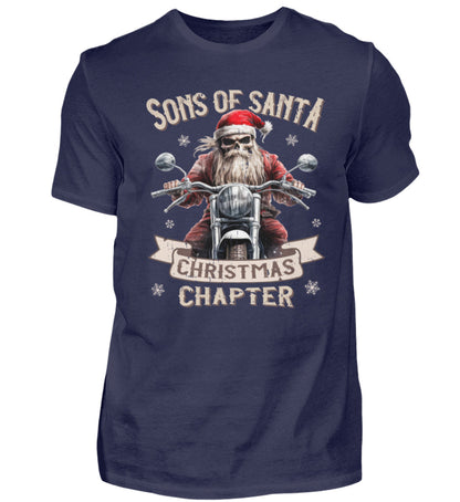 Ein weihnachtliches T-Shirt für Motorradfahrer von Wingbikers mit dem Aufdruck, Sons of Santa - Christmas Chapter, in navy blau.