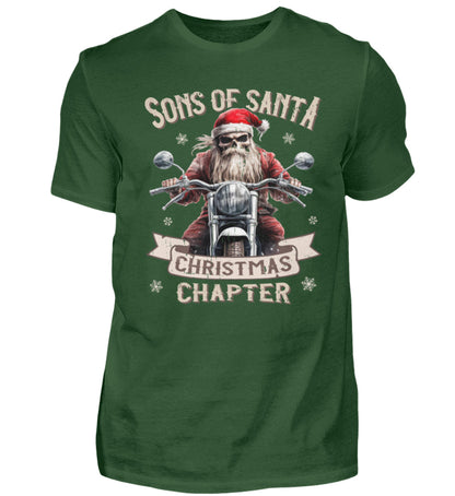 Ein weihnachtliches T-Shirt für Motorradfahrer von Wingbikers mit dem Aufdruck, Sons of Santa - Christmas Chapter, in dunkelgrün.