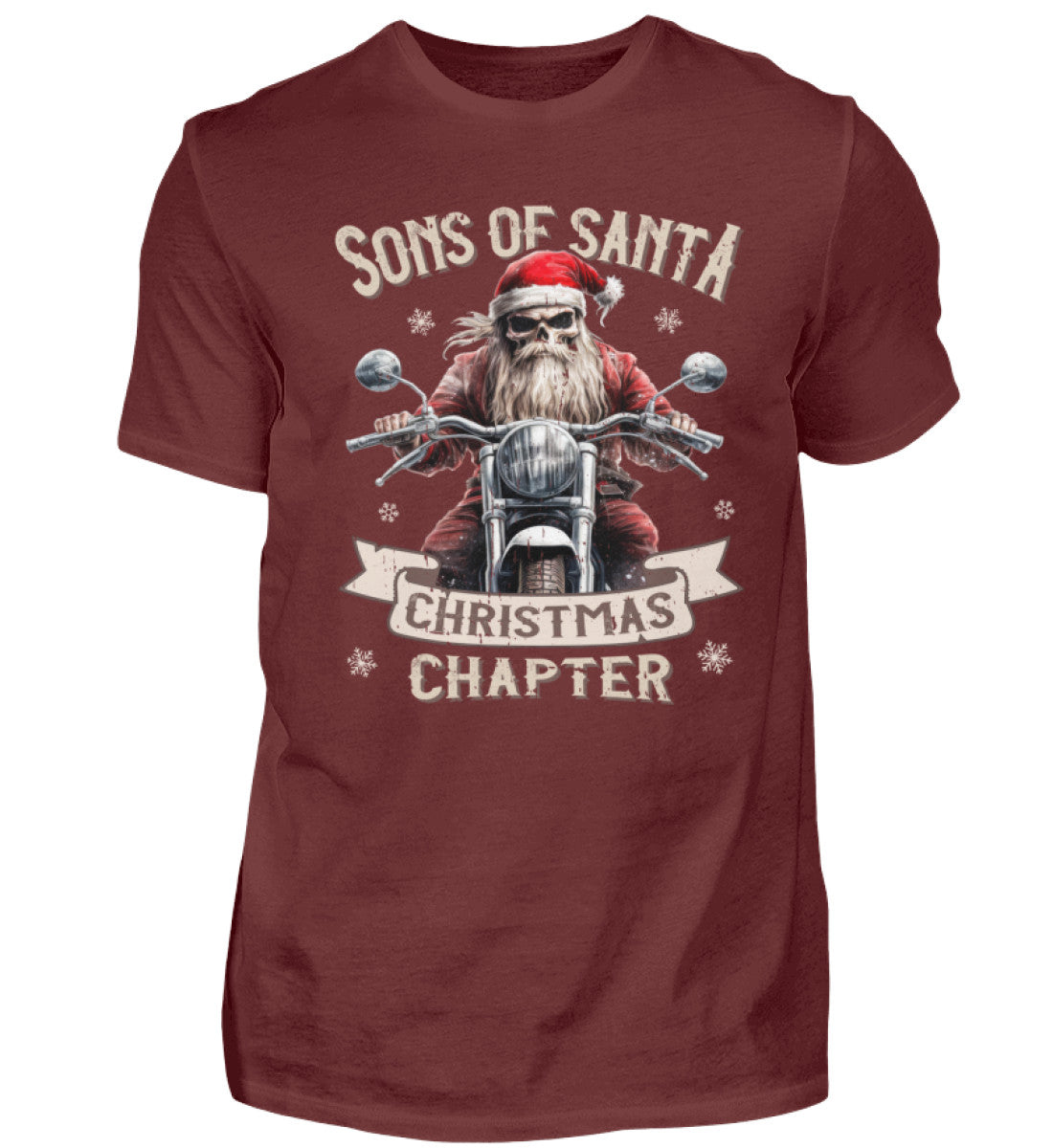 Ein weihnachtliches T-Shirt für Motorradfahrer von Wingbikers mit dem Aufdruck, Sons of Santa - Christmas Chapter, in weinrot.