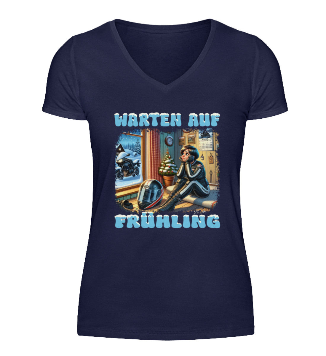 Ein T-Shirt mit V-Ausschnitt für Motorradfahrerinnen von Wingbikers mit dem Aufdruck, Warten auf Frühling, in navy blau.