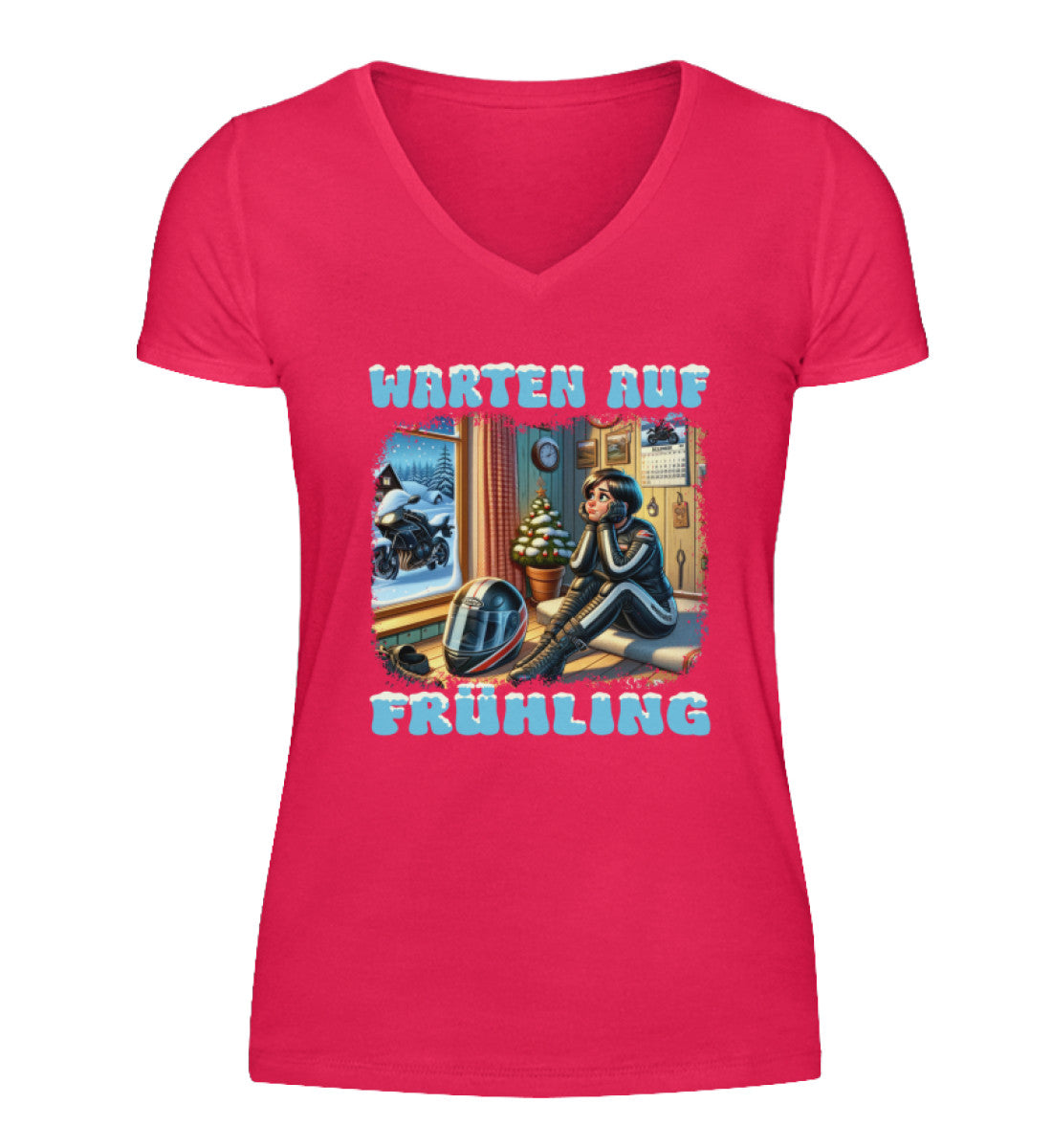 Ein T-Shirt mit V-Ausschnitt für Motorradfahrerinnen von Wingbikers mit dem Aufdruck, Warten auf Frühling, in pink.