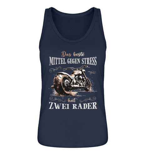 Ein Tanktop für Motorradfahrerinnen von Wingbikers mit dem Aufdruck, Das beste Mittel gegen Stress hat 2 Räder, in navy blau.