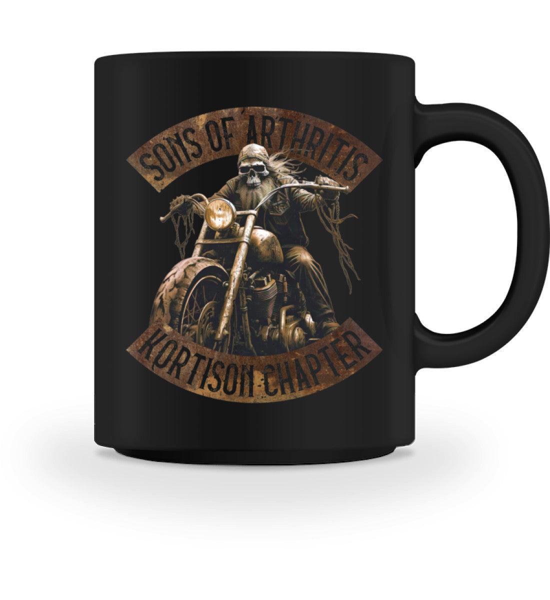 Eine Tasse für Motorradfahrer von Wingbikers, mit dem beidseitigen Aufdruck, Sons of Arthritis - Kortison Chapter, in schwarz.