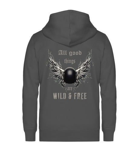 Ein Zip-Hoodie für Motorradfahrerinnen von Wingbikers mit dem Aufdruck, All good things are wild & free -  in dunkelgrau.