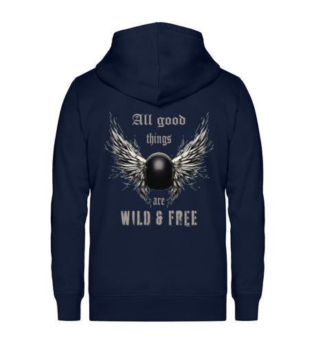 Ein Zip-Hoodie für Motorradfahrerinnen von Wingbikers mit dem Aufdruck, All good things are wild & free -  in navy.