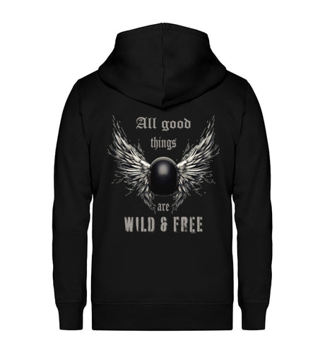 Ein Zip-Hoodie für Motorradfahrerinnen von Wingbikers mit dem Aufdruck, All good things are wild & free -  in schwarz.