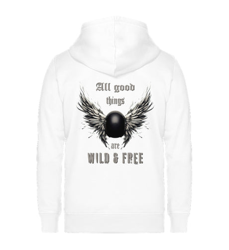 Ein Zip-Hoodie für Motorradfahrerinnen von Wingbikers mit dem Aufdruck, All good things are wild & free -  in weiß.