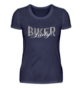 Ein T-Shirt für Motorradfahrerinnen von Wingbikers mit dem Aufdruck, Biker Lady, in navy blau.